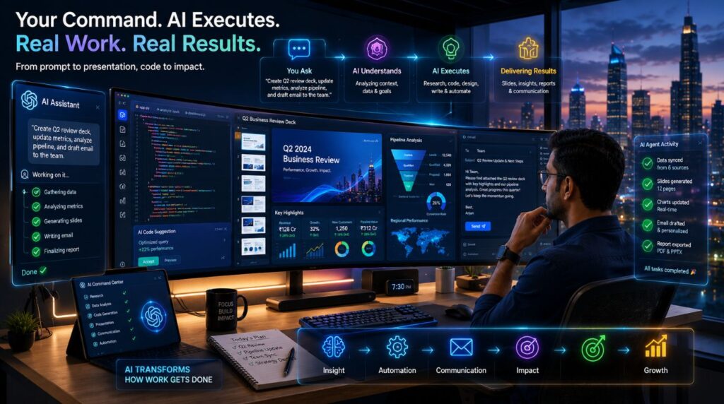 A modern workspace with programming code and corporate tasks being automated simultaneously by an AI system, showing the operational future of ChatGPT.