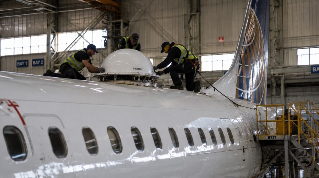 Engineers retrofitting an aircraft fuselage with satellite receiver antennas to implement in-flight Wi-Fi in India.