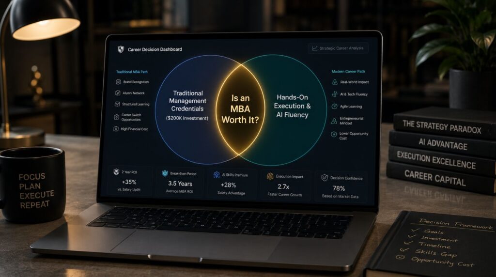 A sleek modern laptop screen displaying a skills vs credentials Venn diagram, helping professionals decide is an MBA worth it in today's economy.