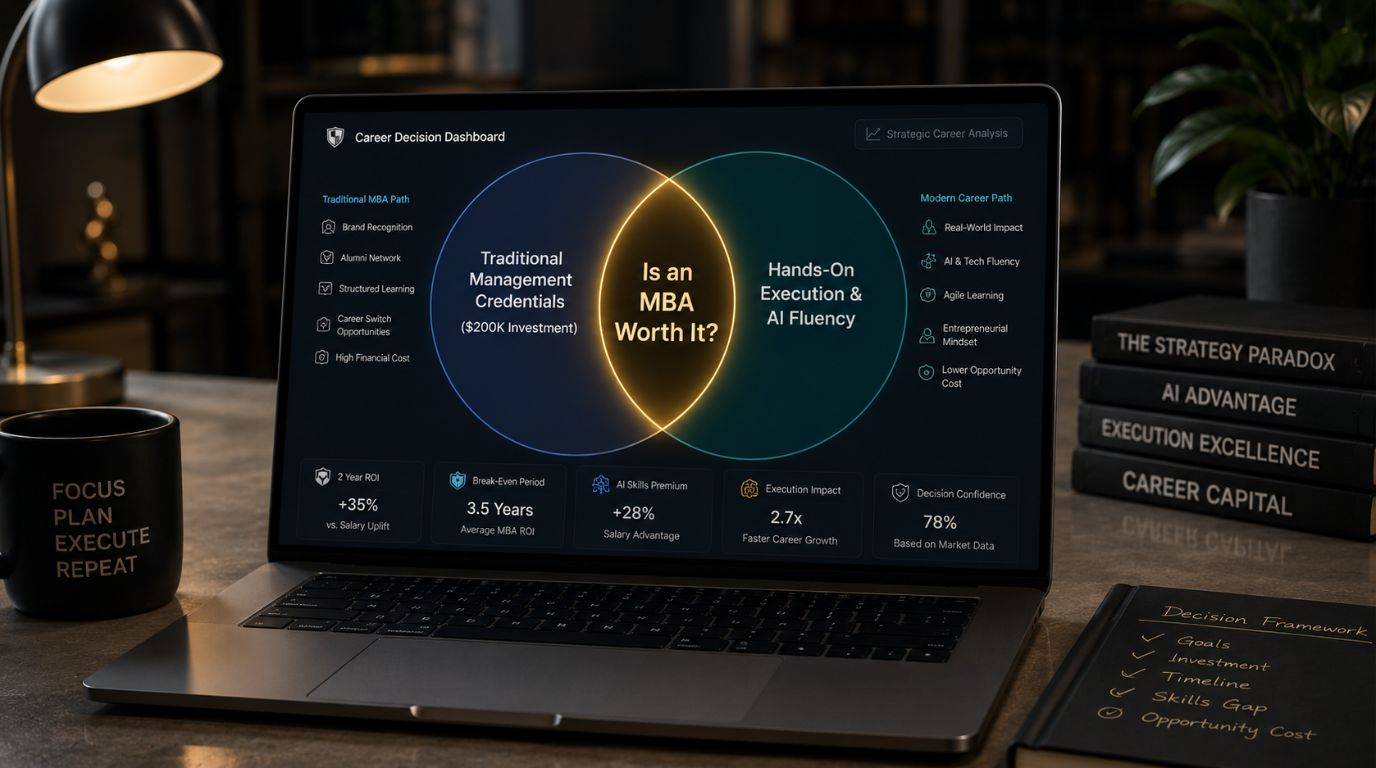 A sleek modern laptop screen displaying a skills vs credentials Venn diagram, helping professionals decide is an MBA worth it in today's economy.