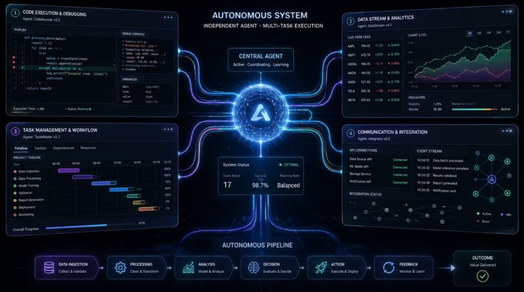 A multi-window interface showing background workflows, debugging panels, and data analytics managed autonomously by an advanced Claude 5 agent.