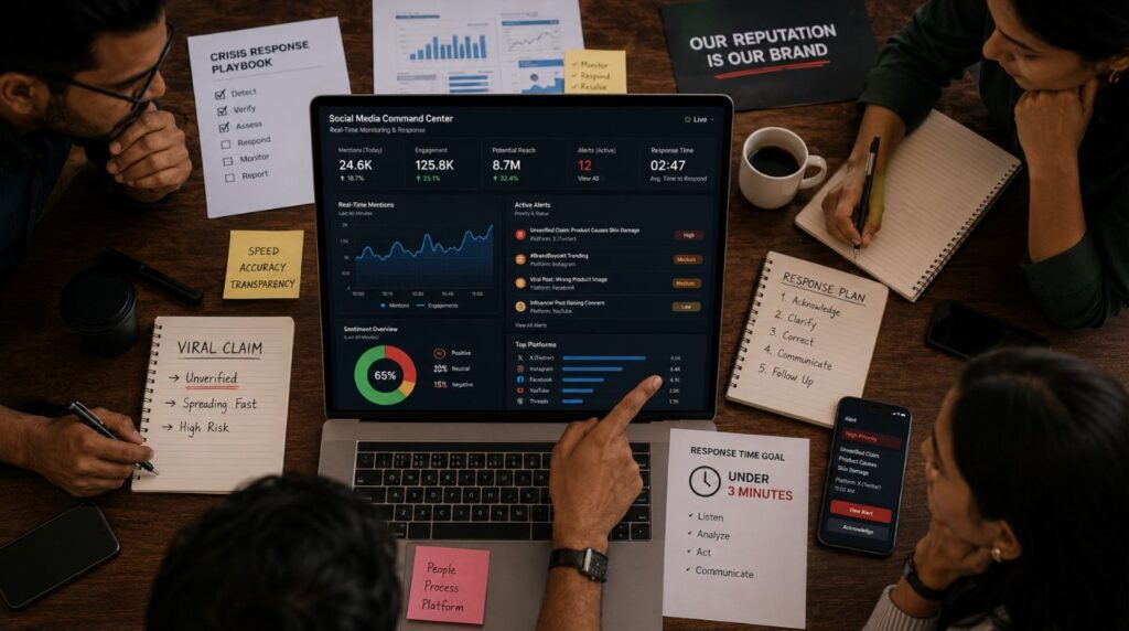 A corporate marketing team tracking social media metrics on a dashboard to protect corporate reputations from social media defamation in India.