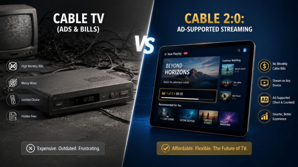 A split graphic comparing legacy cable boxes with modern ad-supported streaming interfaces to show how the subscription models are converging.