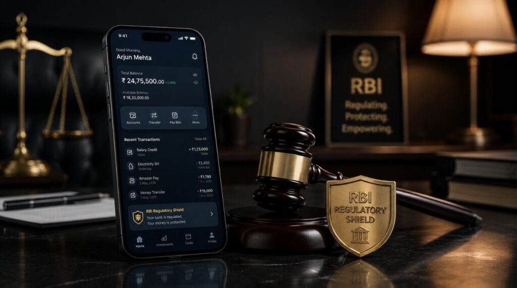 A professional smartphone showing a secure digital banking interface resting next to a legal gavel, illustrating customer protections under the RBI digital fraud compensation rules.