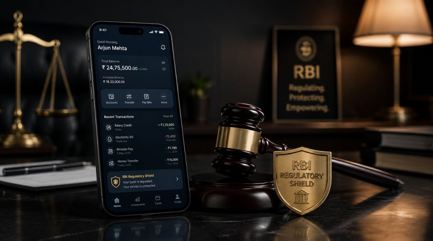 A professional smartphone showing a secure digital banking interface resting next to a legal gavel, illustrating customer protections under the RBI digital fraud compensation rules.