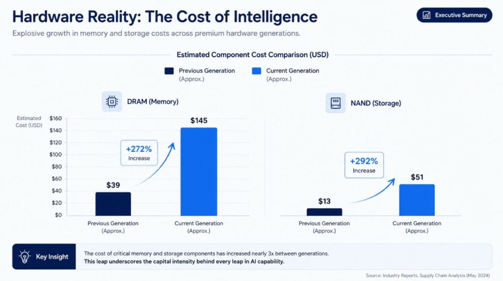 A financial bar chart comparing the dramatic rise of memory and storage component costs that are expected to force a jump in the retail iPhone 18 Pro price.