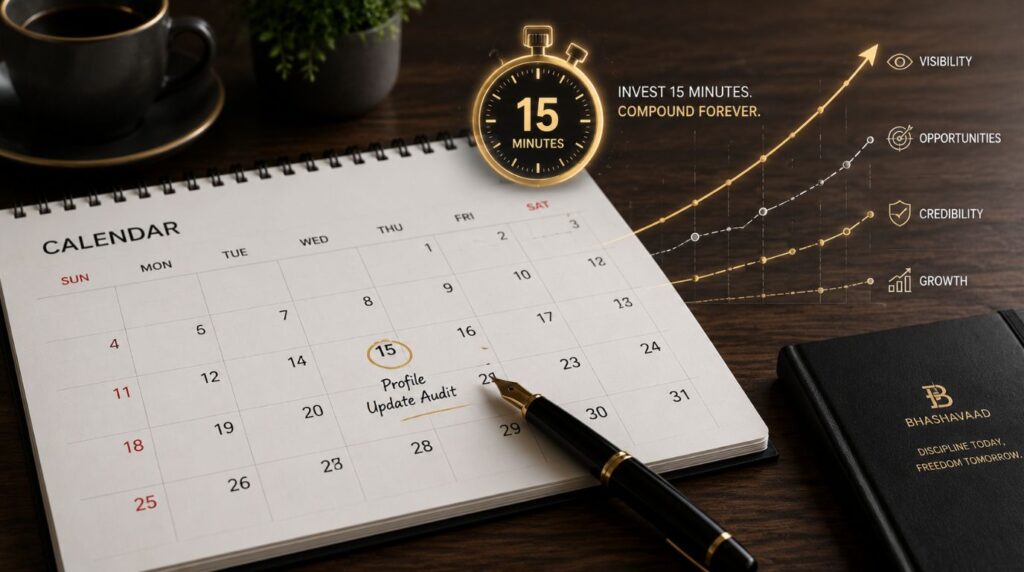 A calendar and a stopwatch illustrating the daily habit of updating professional networks to maximize LinkedIn profile optimization.