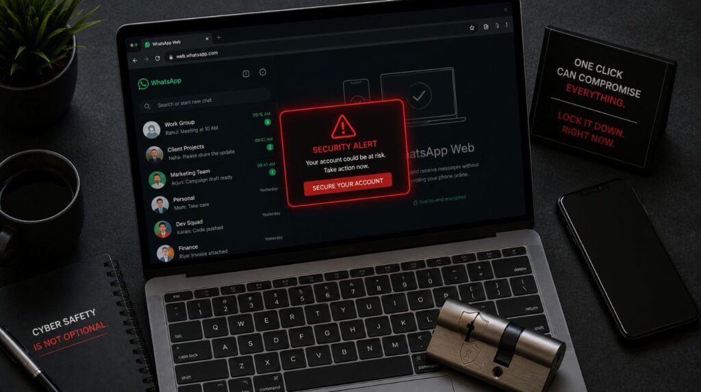 A sleek modern laptop displaying a mock security alert on WhatsApp Web, demonstrating the urgency of the CERT-In WhatsApp malware warning.