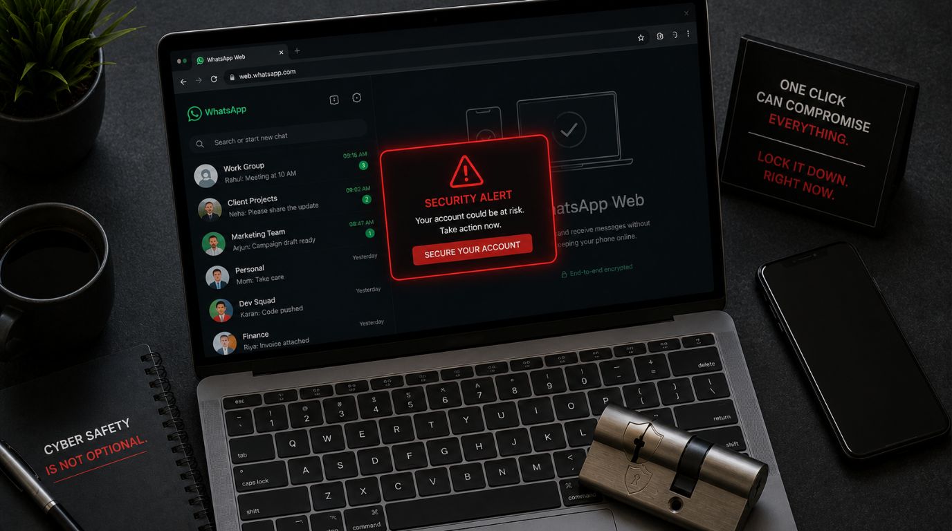 A sleek modern laptop displaying a mock security alert on WhatsApp Web, demonstrating the urgency of the CERT-In WhatsApp malware warning.