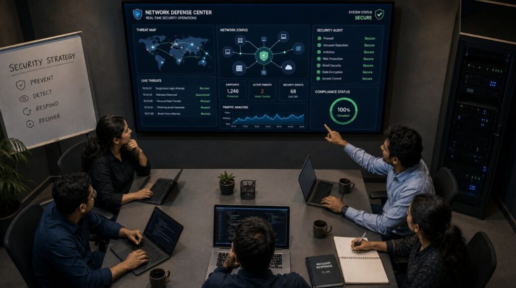 A corporate IT security team analyzing safe data workflows, demonstrating how brands must adapt to protect networks under the CERT-In WhatsApp malware warning.