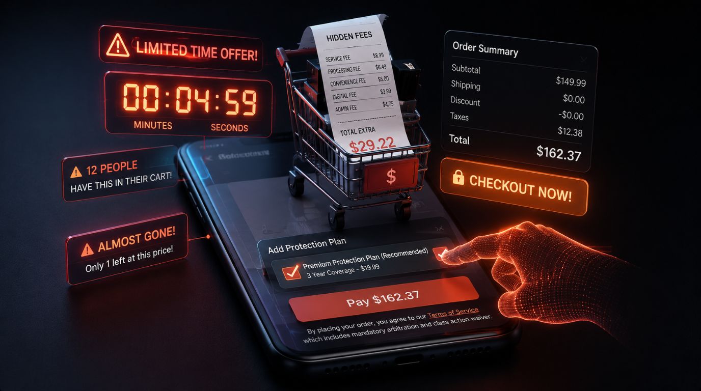 A digital illustration of a smartphone app using a countdown timer and hidden fees to demonstrate manipulative dark patterns in e-commerce.