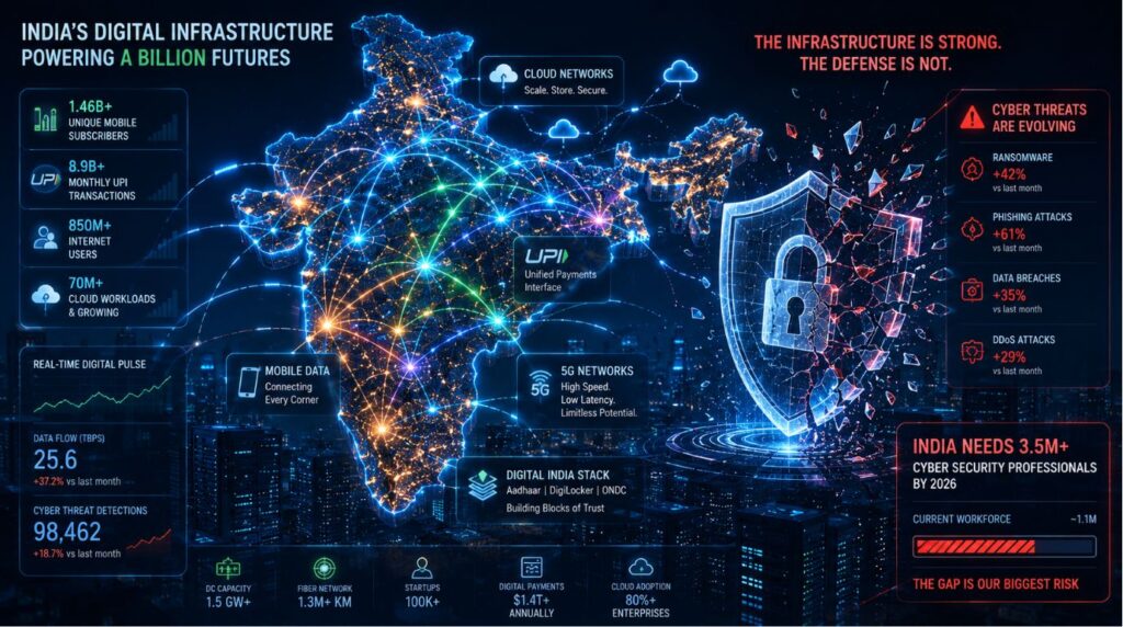 A glowing digital grid mapping out UPI networks and cloud databases to illustrate why organizations are creating more cybersecurity jobs in India.