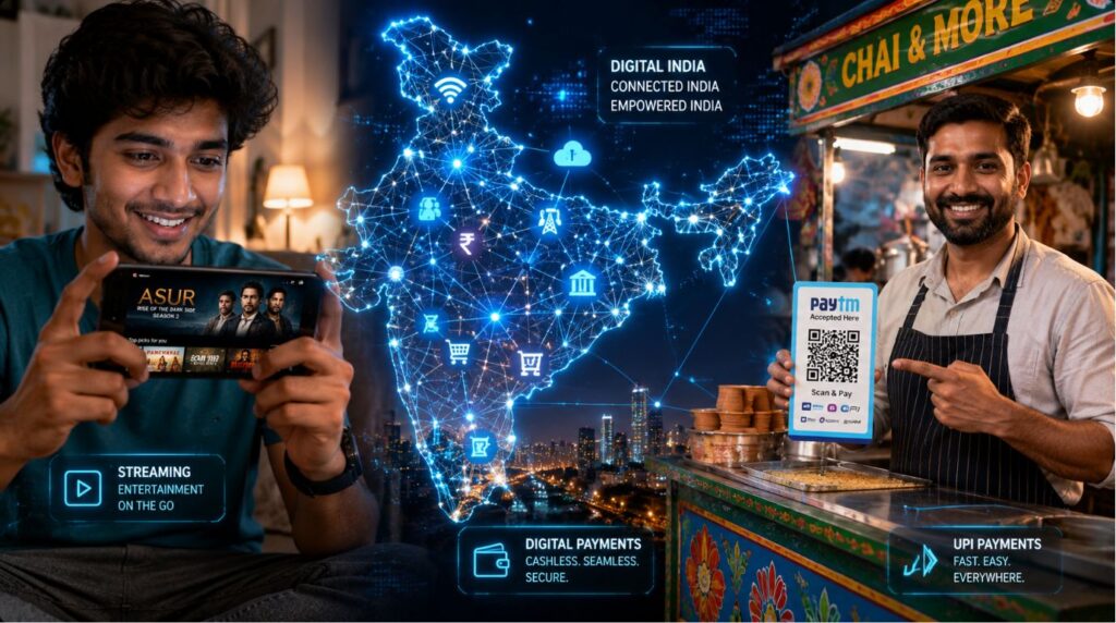 A colorful lifestyle collage representing the streaming, scrolling, and payment habits of daily internet users in India.