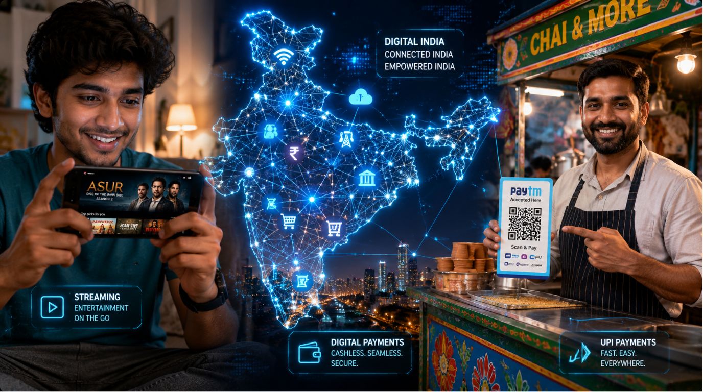 A colorful lifestyle collage representing the streaming, scrolling, and payment habits of daily internet users in India.