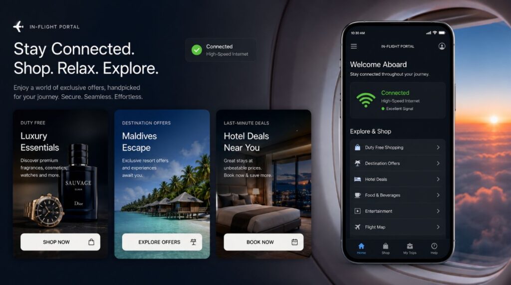 A digital mock-up of an in-flight advertisement portal targeting passengers through active in-flight Wi-Fi in India.