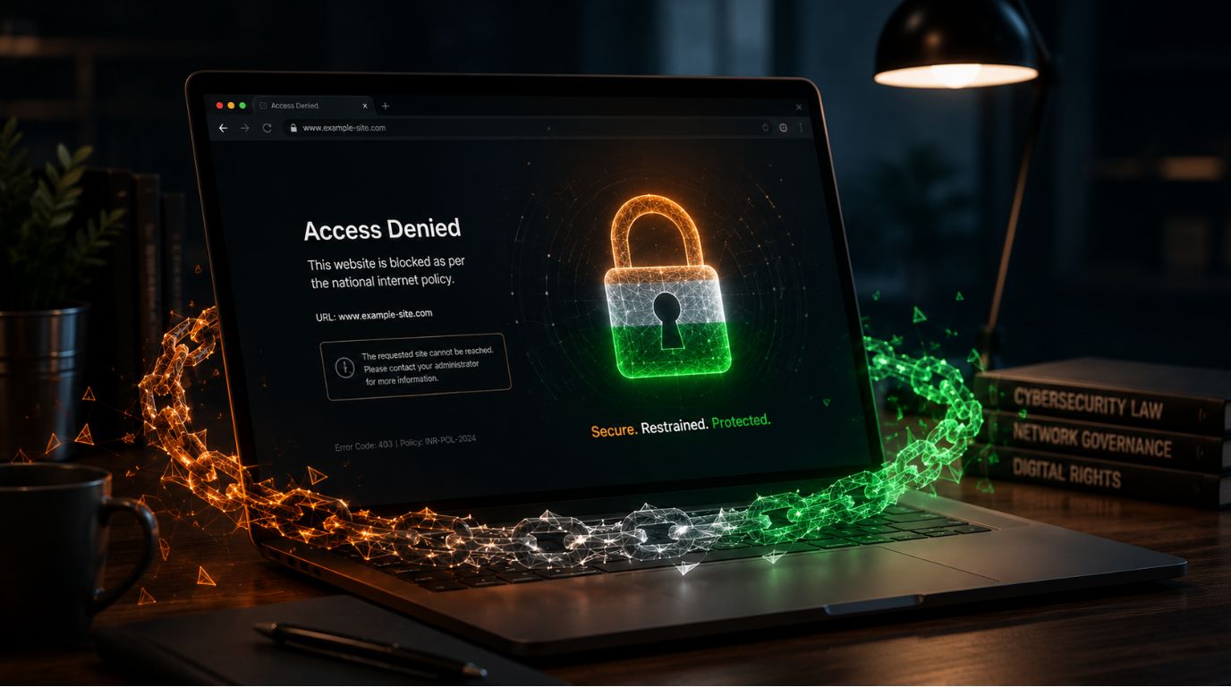 A sleek modern laptop displaying a blocked website message and a digital padlock, illustrating the realities of website bans and internet censorship in India.