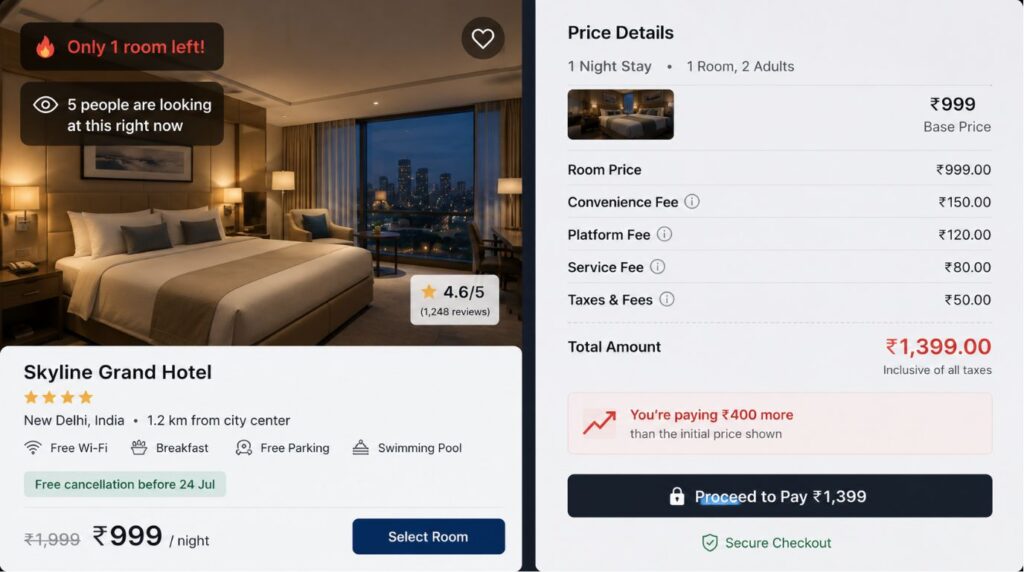 A user interface mockup highlighting fake urgency alerts and sudden hidden check-out fees that represent dark patterns in e-commerce.