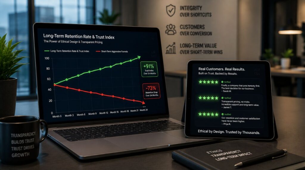 A clean business analytics dashboard showing long-term conversion growth achieved by choosing transparency over dark patterns in e-commerce.