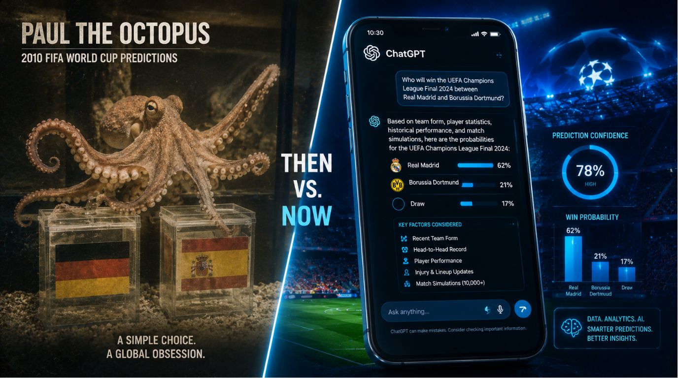A side-by-side conceptual image of Paul the Octopus and a modern smartphone interface displaying an AI sports prediction chat query.