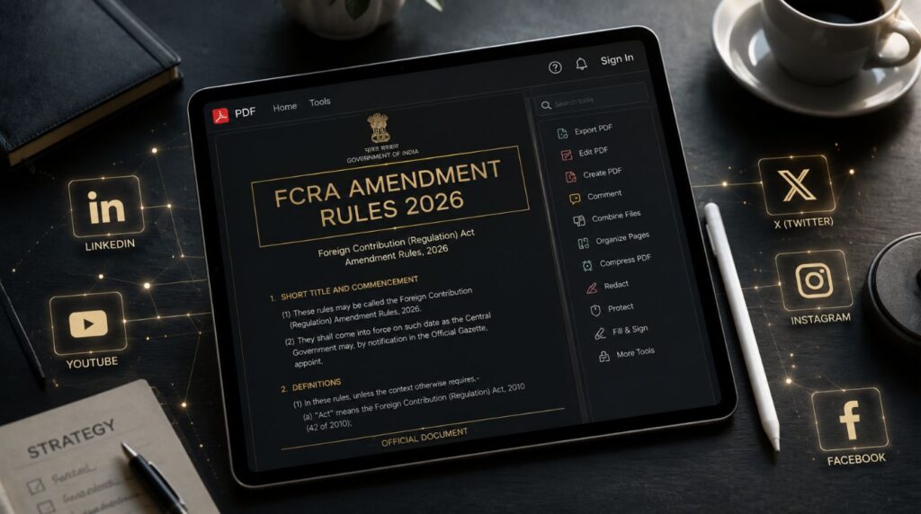 A modern tablet displaying the official text of the FCRA Amendment Rules 2026 next to social media connection icons, illustrating the digital disclosure laws for NGOs.