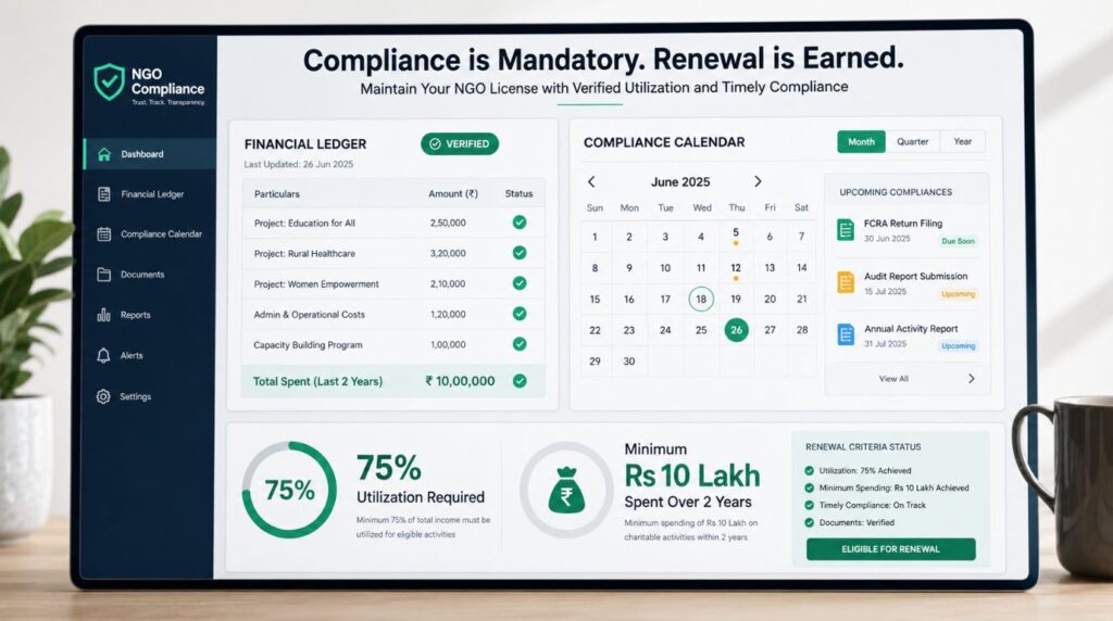 A financial dashboard showing the 75% fund utilization and 10 lakh spending limits mandated by the FCRA Amendment Rules 2026.