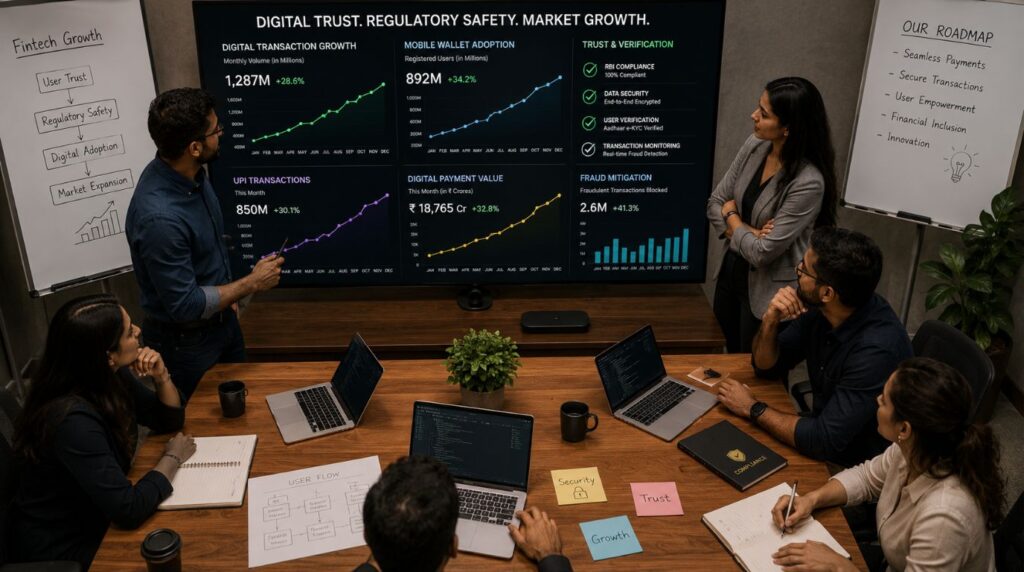  A fintech product team analyzing user adoption graphs, demonstrating how digital payment confidence is boosted by the RBI digital fraud compensation rules.