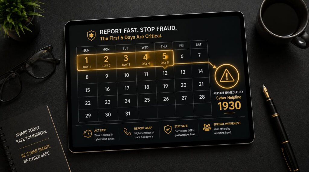 A digital tablet showing a highlighted 5-day calendar deadline alongside the Cyber Helpline 1930 logo under the RBI digital fraud compensation rules.