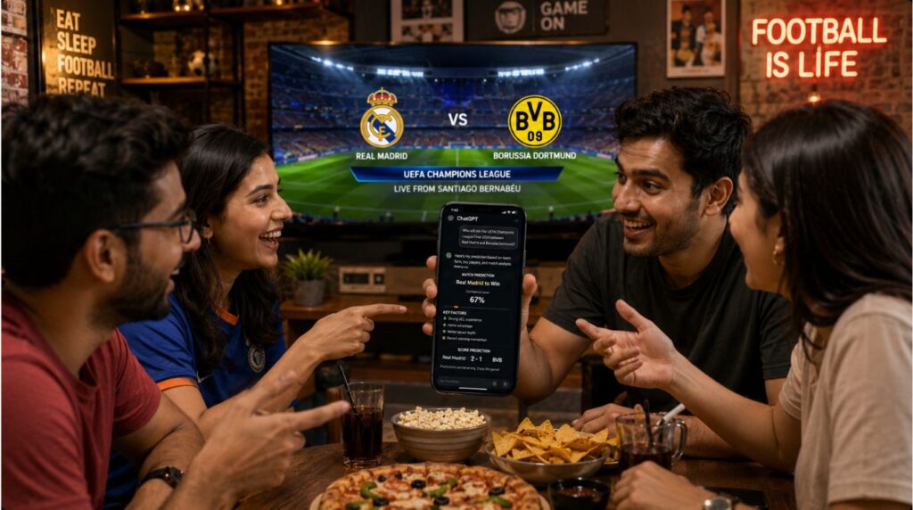 A group of friends at home using a mobile chatbot to argue and discuss an AI sports prediction before a match begins.