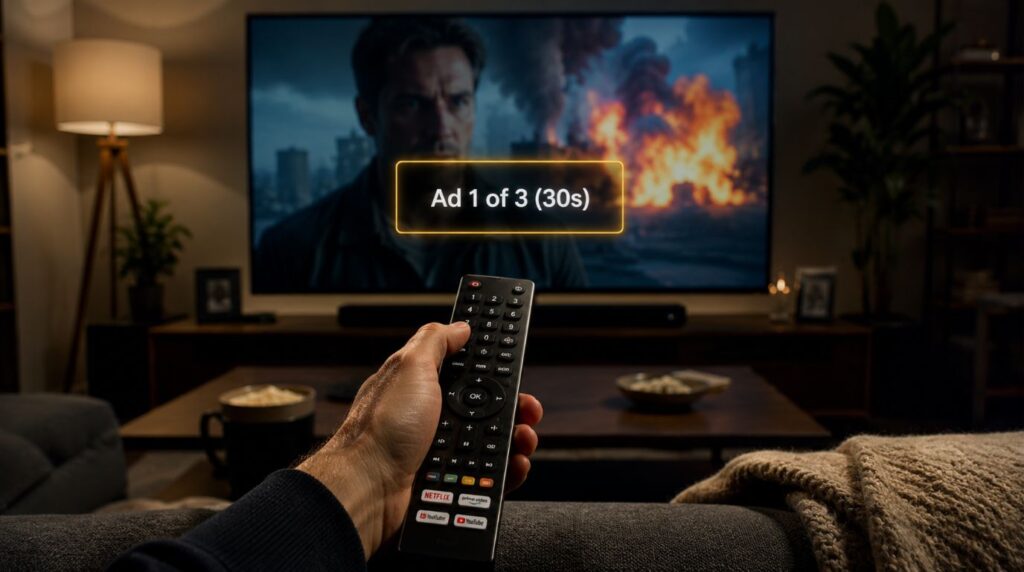 A frustrated viewer pointing a remote control at a smart TV displaying a programmatic commercial countdown, illustrating the realities of ad-supported streaming.