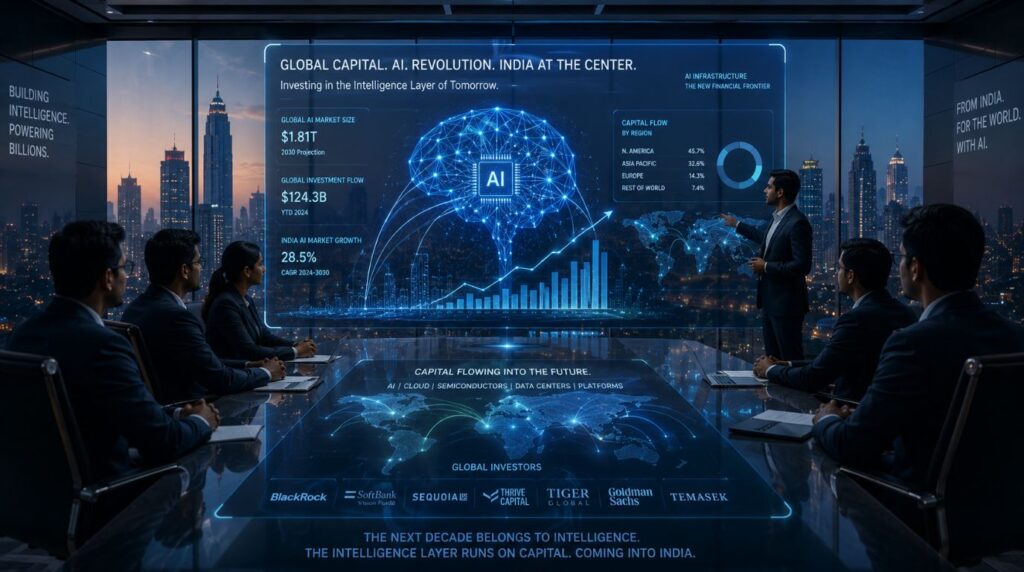 A modern corporate boardroom with a futuristic digital holographic display of financial data and a neural network, illustrating global AI investment for business.
