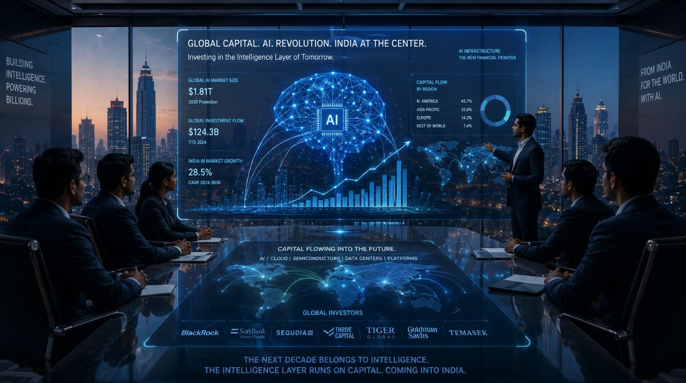 A modern corporate boardroom with a futuristic digital holographic display of financial data and a neural network, illustrating global AI investment for business.
