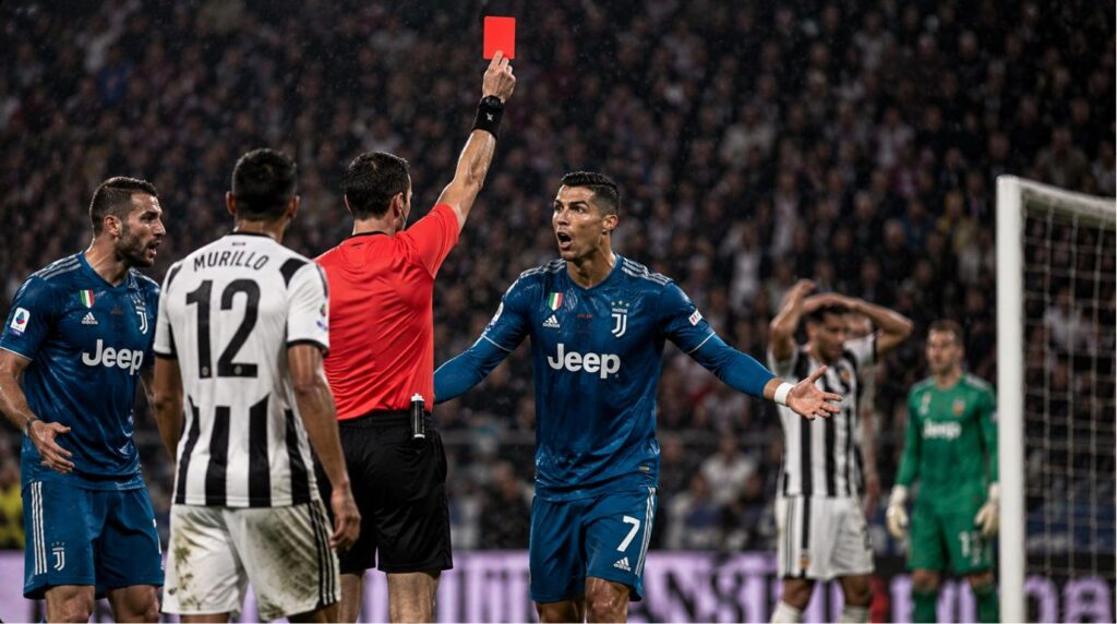 A dramatic live football match moment showing a referee giving a red card, illustrating unpredictable human variables that challenge AI sports prediction.