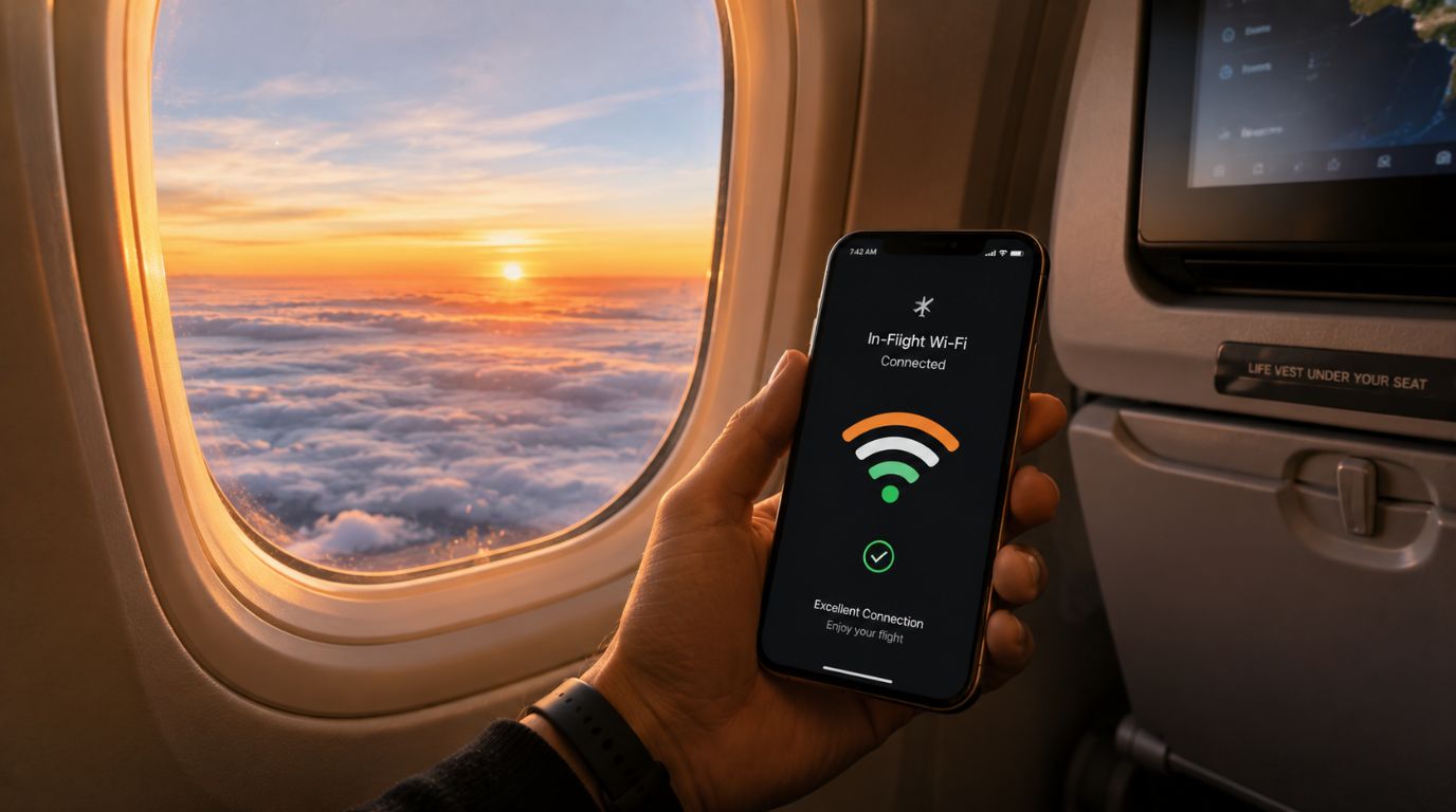 A passenger inside an airplane cabin holding a connected smartphone displaying active in-flight Wi-Fi in India.