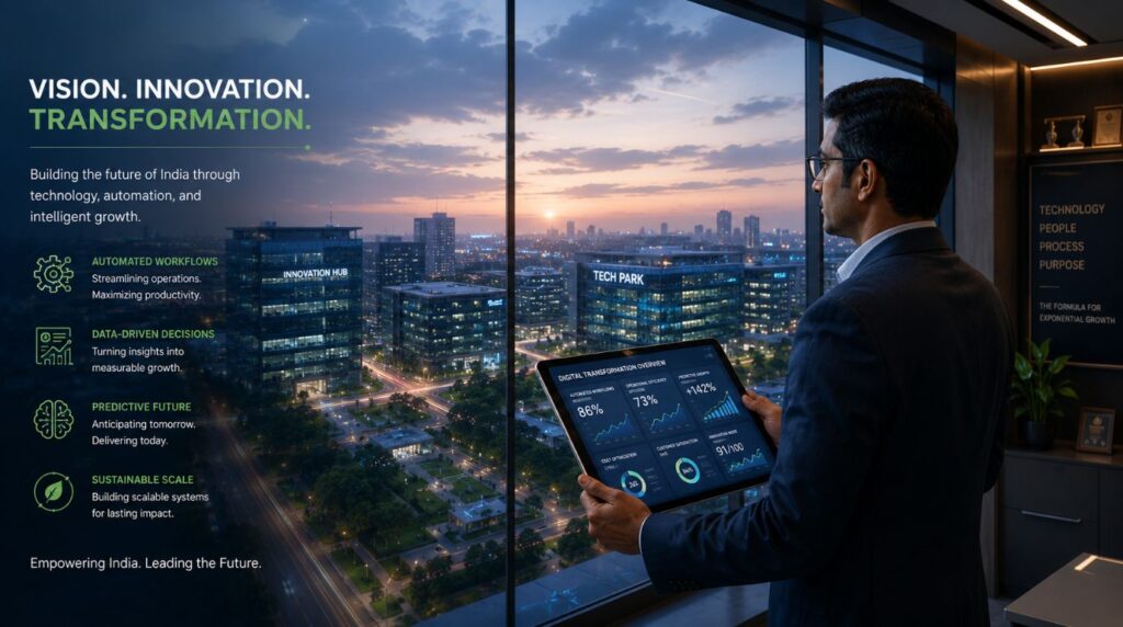 A professional Indian business owner analyzing digital growth charts on a tablet, symbolizing proactive adoption and AI investment for business.