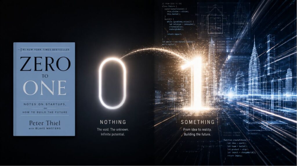A minimalist conceptual graphic depicting the transition from zero to one Peter Thiel innovation framework with glowing digital typography.