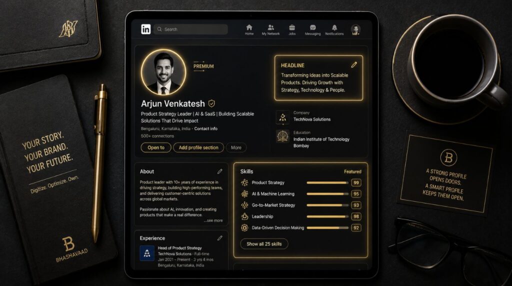 A premium workspace tablet showcasing an optimized professional profile layout, demonstrating the value of LinkedIn profile optimization.