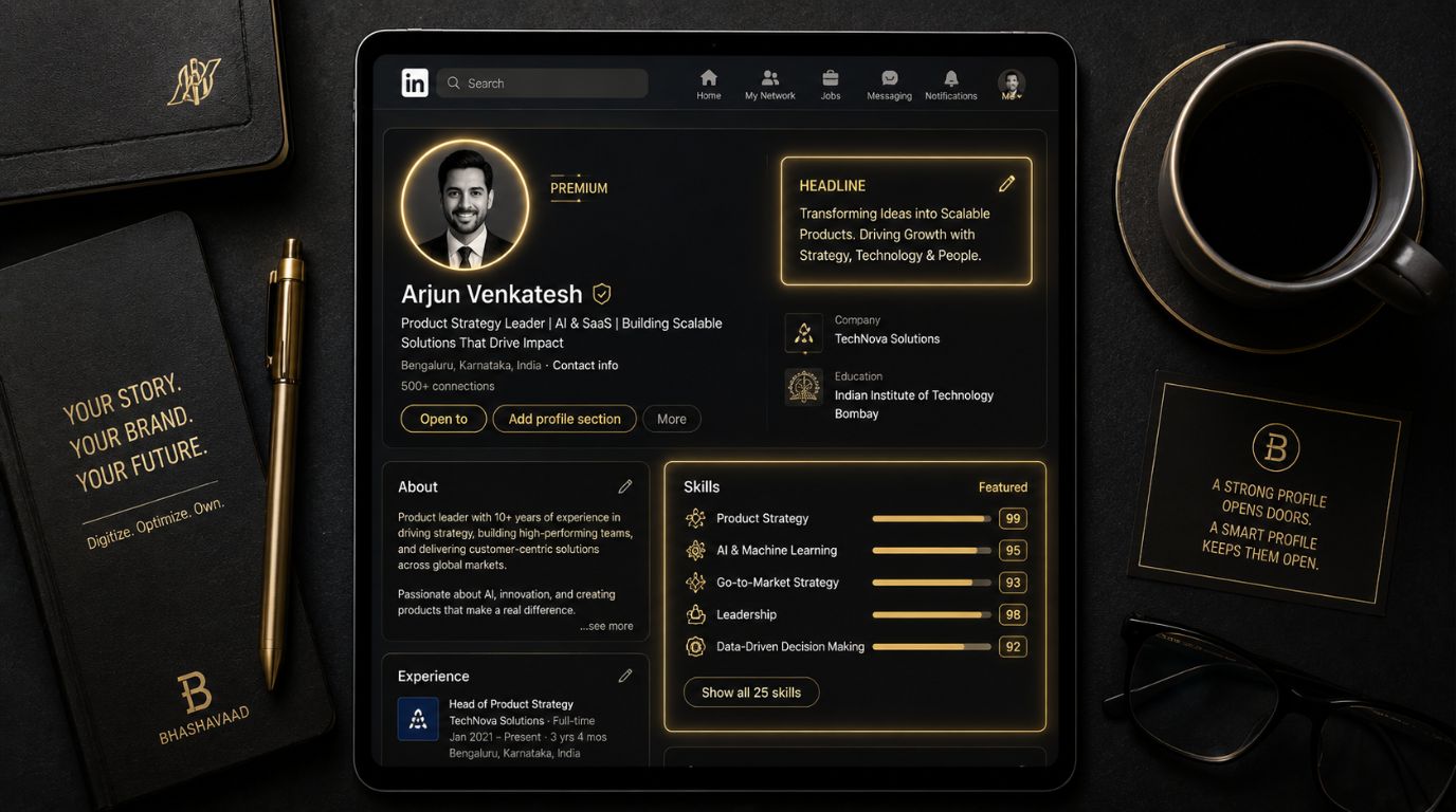 A premium workspace tablet showcasing an optimized professional profile layout, demonstrating the value of LinkedIn profile optimization.