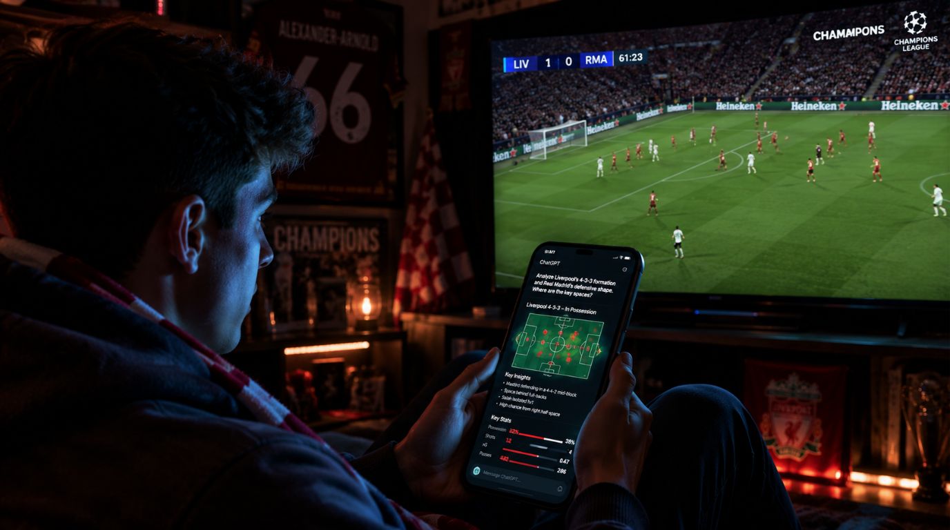 A sports fan using a smartphone chatbot to analyze real-time soccer stats, illustrating the power of AI in sports marketing.