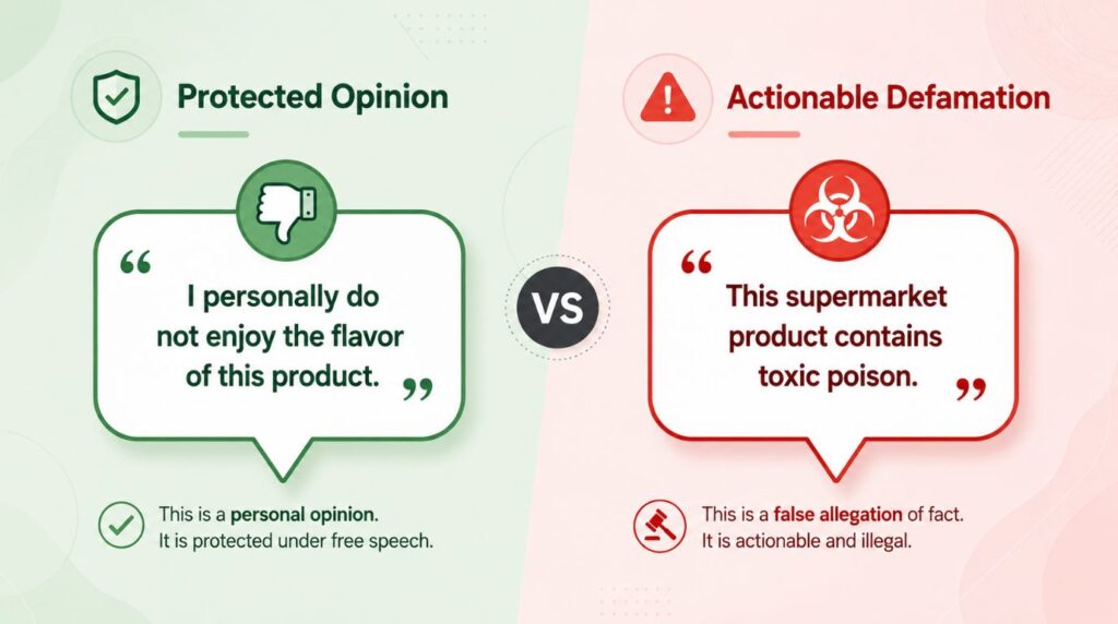 A split-screen infographic comparing protected personal opinion with actionable factual claims to explain how social media defamation in India is determined.