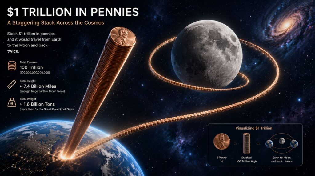 A space-themed digital illustration showing a stack of pennies reaching the moon and back to demonstrate how much is a trillion dollars.