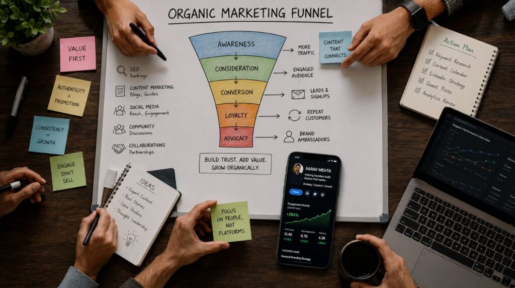 A modern team meeting with a smartphone showing personal brand growth metrics, demonstrating how execution proves is an MBA worth it.