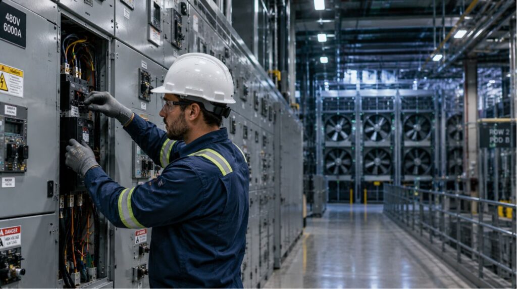A skilled electrician wiring a high-capacity power system for a data center facility, highlighting physical infrastructure infrastructure under the scope of AI and the future of work.