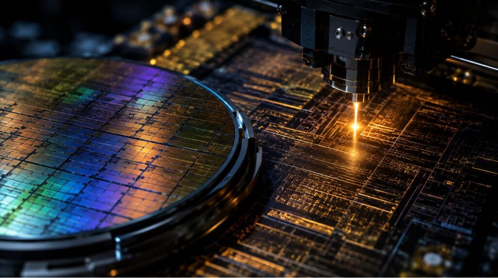 A macro view of raw silicon wafers and gold circuits representing the hardware manufacturers whose growing value is shaping the expected iPhone 18 Pro price.