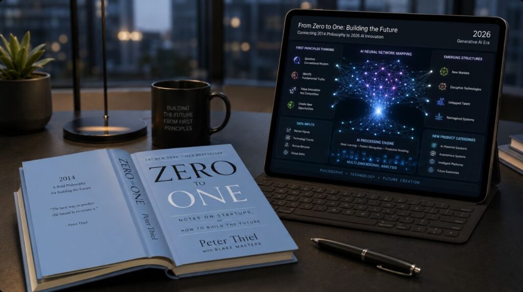 A physical business book resting next to a glowing tablet showing an AI neural network to illustrate reading Zero to One Peter Thiel in the artificial intelligence era.