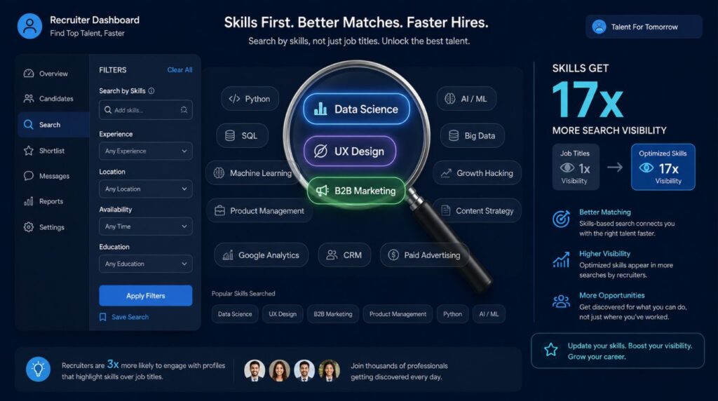 An infographic of recruiter search filters prioritizing key skills, illustrating the reach of skills-first LinkedIn profile optimization.