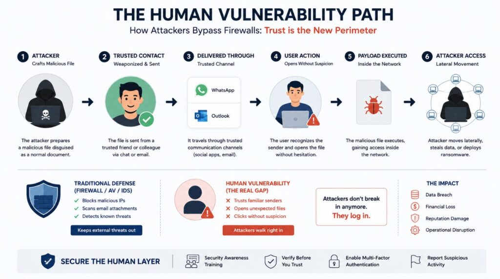 An infographic detailing how attackers exploit trusted contacts to bypass security networks under the CERT-In WhatsApp malware warning.