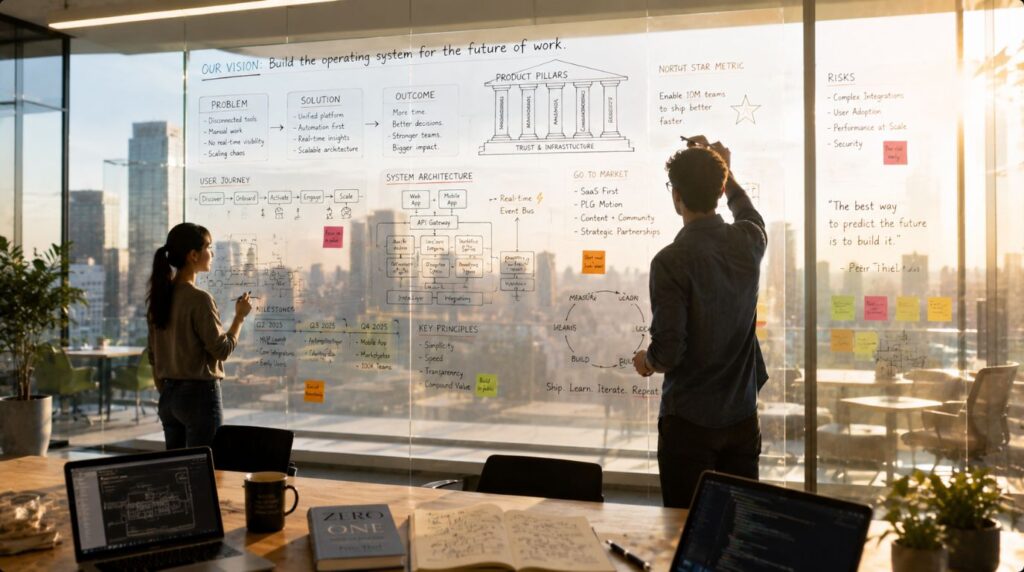 Tech founders sketching out defenite optimism models on a glass whiteboard, demonstrating startup lessons from Zero to One Peter Thiel.
