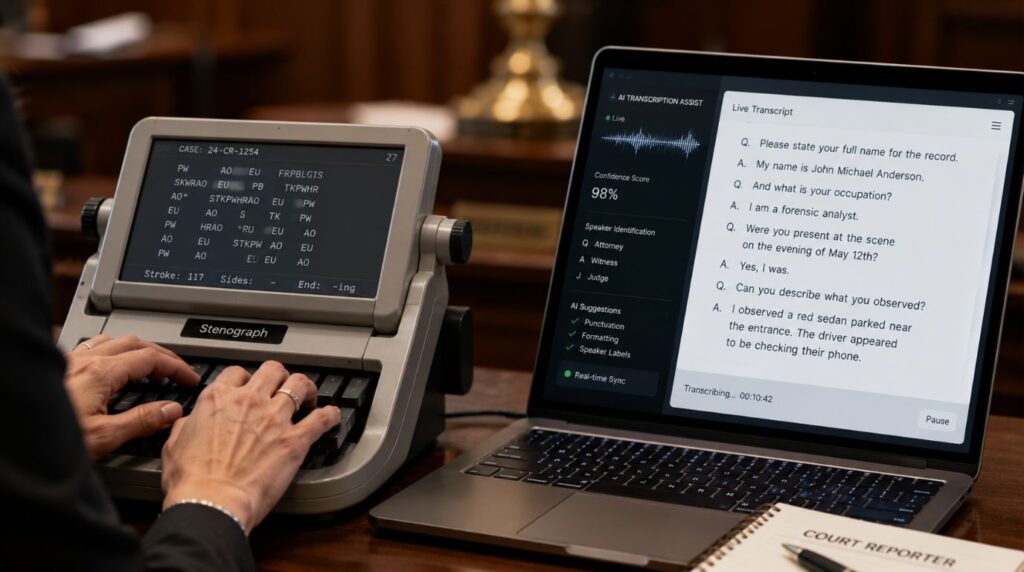 Close-up of a stenotype machine and a digital monitor running translation tools, answering the question will ai replace court reporters by showing human-AI collaboration.