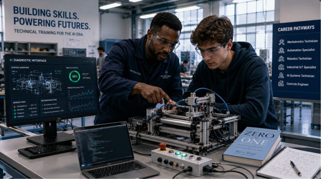 Students in a technical lab learning high-demand hardware maintenance skills, preparing for the intersection of AI and the future of work.