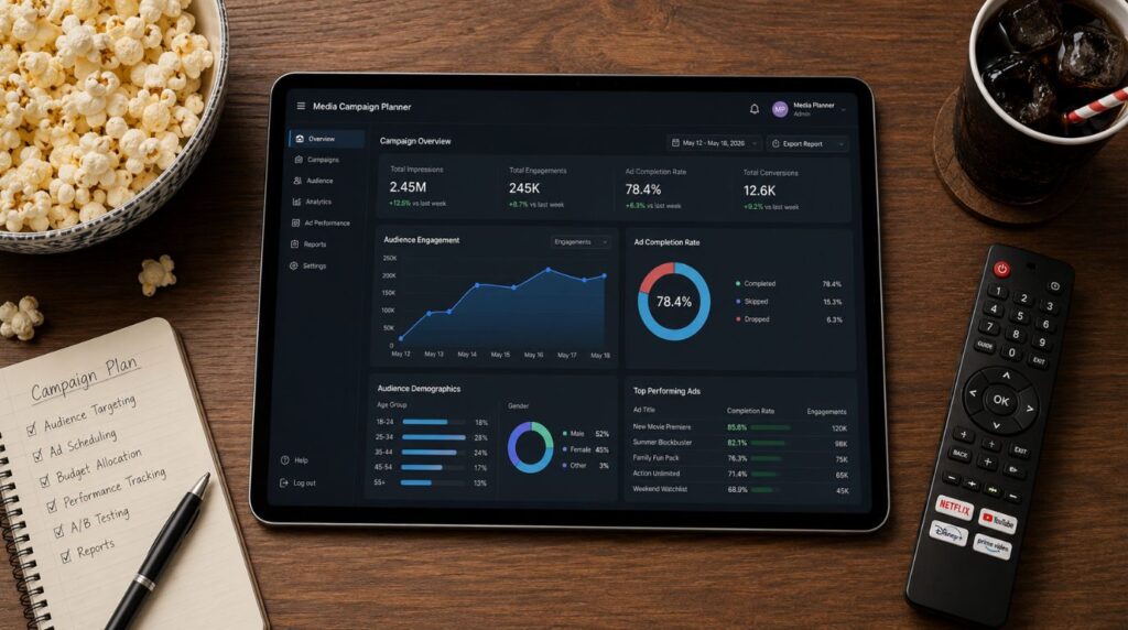 A digital planner dashboard showing active audience reach and ad completion metrics within ad-supported streaming platforms.
